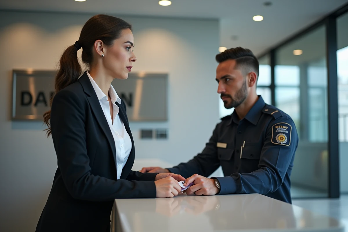 Femme recevant un nouveau badge d'accès au bureau d'accueil d'un immeuble de bureaux, remise de carte de contrôle d'accès par un agent de sécurité en uniforme