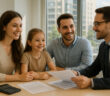Famille rencontrant un conseiller bancaire dans un bureau moderne