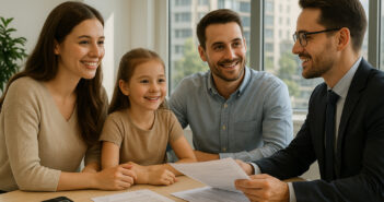 Famille rencontrant un conseiller bancaire dans un bureau moderne