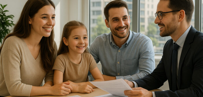 Famille rencontrant un conseiller bancaire dans un bureau moderne