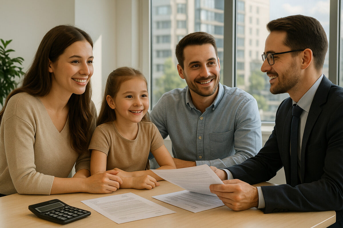 Famille rencontrant un conseiller bancaire dans un bureau moderne