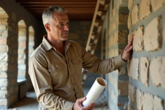 Artisan examinant un mur en pierre dans une maison ancienne en cours de rénovation avec des plans architecturaux