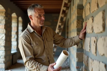 Artisan examinant un mur en pierre dans une maison ancienne en cours de rénovation avec des plans architecturaux