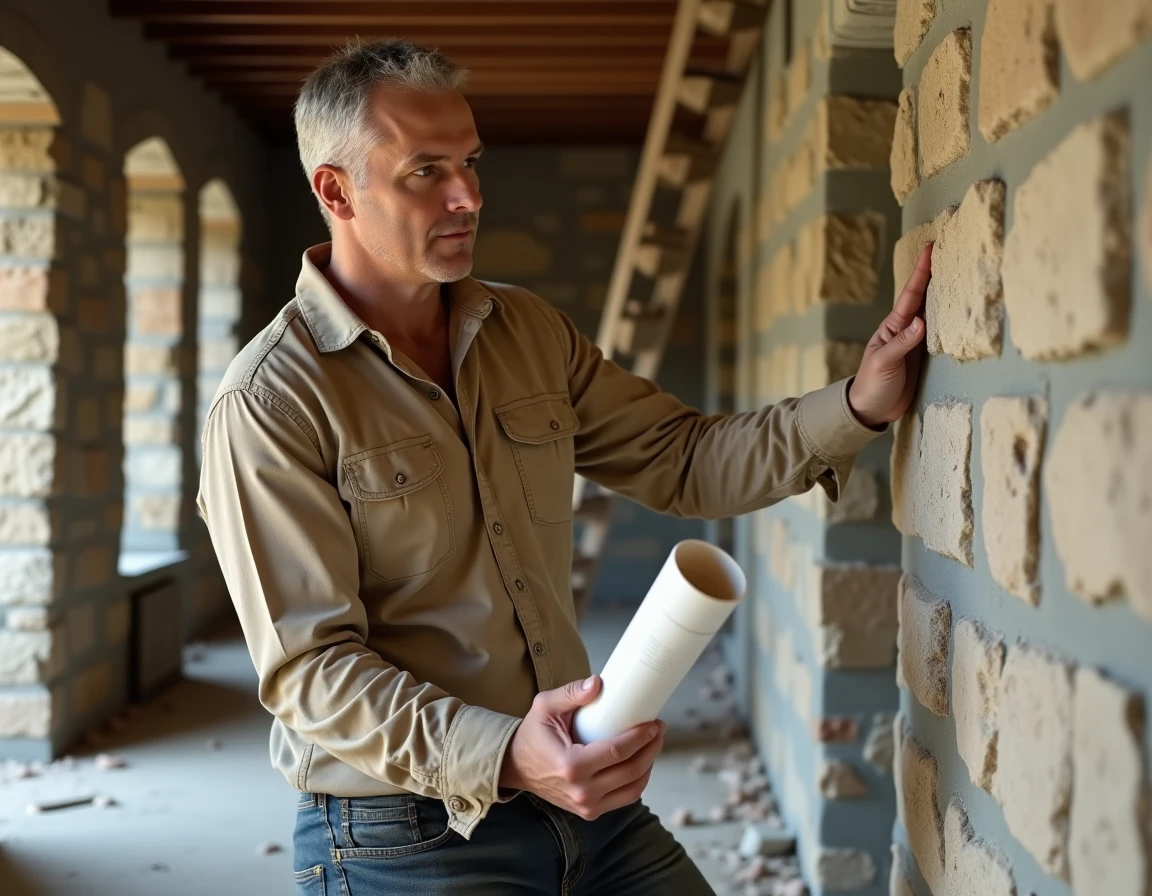 Artisan examinant un mur en pierre dans une maison ancienne en cours de rénovation avec des plans architecturaux