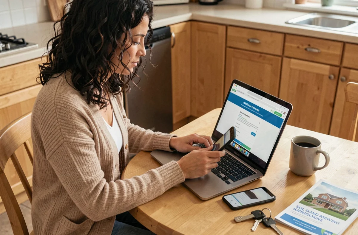 Femme utilisant un ordinateur portable pour résilier son assurance habitation en ligne après la vente de son bien immobilier