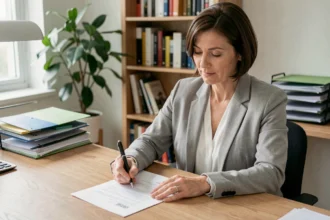 Femme signant un document de résiliation d'assurance habitation après une vente immobilière
