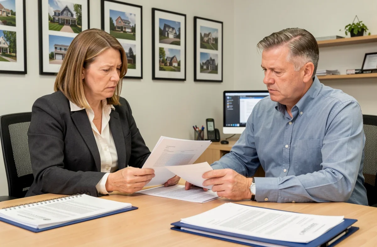 Couple en réunion dans une agence immobilière pour finaliser la résiliation de leur assurance habitation après une vente