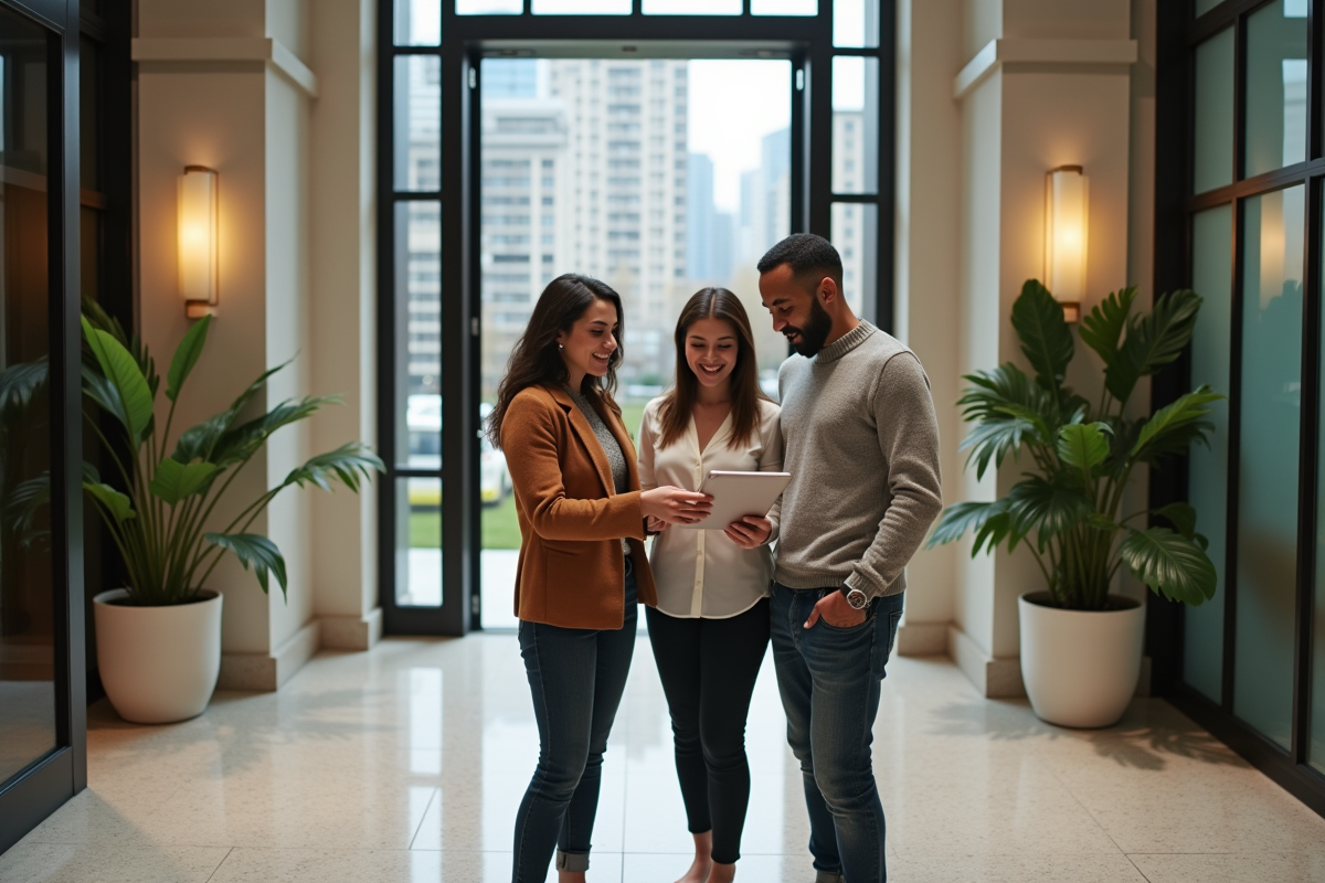 Groupe de trois personnes discutant avec une tablette dans un lobby moderne