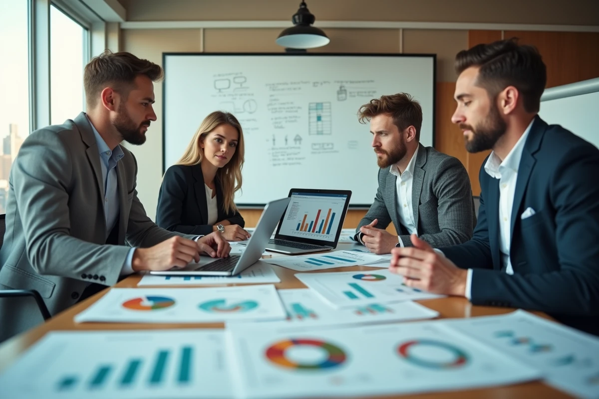 Équipe de professionnels réunis autour d'une table de réunion pour analyser des rapports de données et des graphiques de segmentation de publics