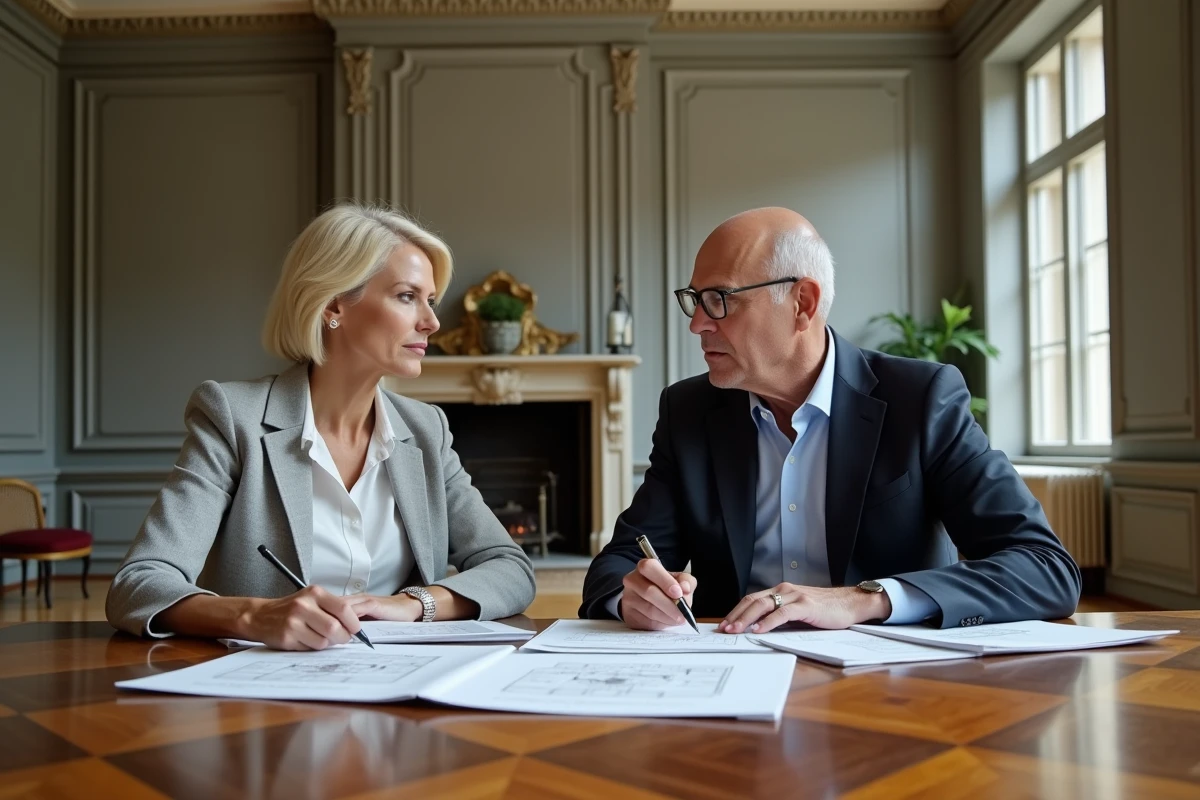 Deux professionnels de l'immobilier de prestige analysant un rapport d'estimation dans le salon d'une villa de luxe
