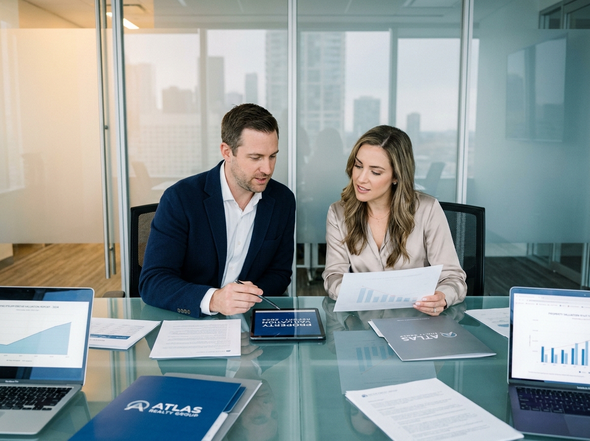 Deux professionnels de l'immobilier en réunion analysant des rapports d'évaluation d'actifs sur tablette et documents imprimés
