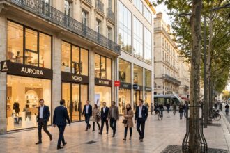 Rue commerciale animée avec de nouvelles enseignes professionnelles sur des façades rénovées dans une ville européenne