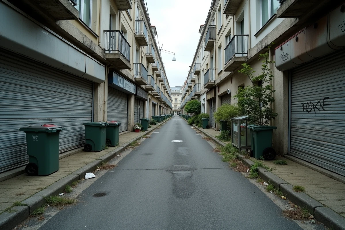 Rue déserte d'un quartier défavorisé de La Roche-sur-Yon avec immeubles dégradés et commerces fermés
