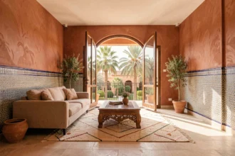 Salon moderne d'un appartement à vendre à Marrakech dans une résidence sécurisée avec décoration marocaine contemporaine et vue sur jardin