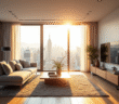 Salon moderne avec vue sur la ville en lumière naturelle