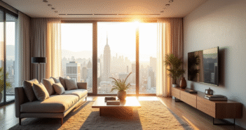 Salon moderne avec vue sur la ville en lumière naturelle