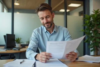 Gestionnaire immobilier examinant des dossiers de location dans une agence, illustrant la sélection des candidats locataires par LOC SERVICE