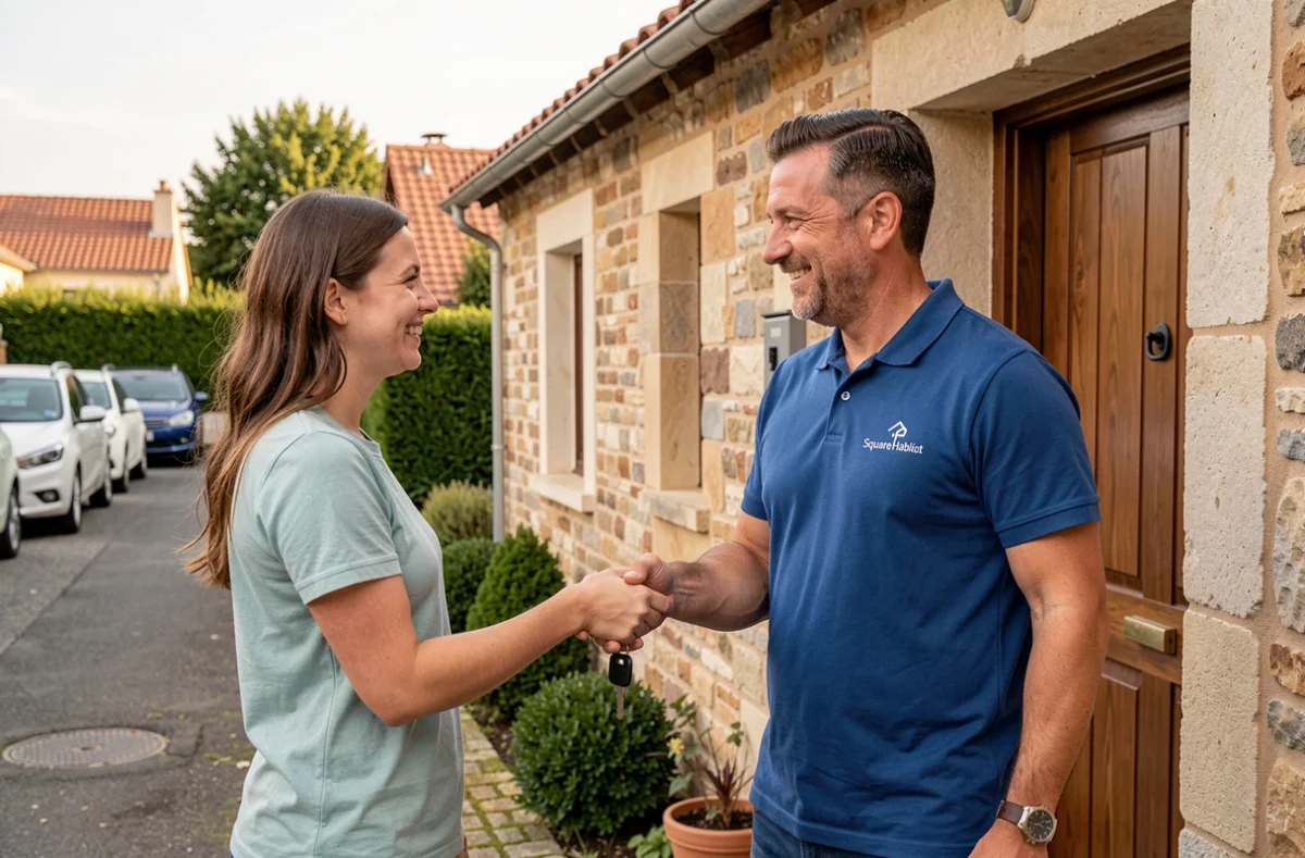 Agent Square Habitat Limoges remettant les clés d'une maison en pierre à une nouvelle propriétaire devant la façade