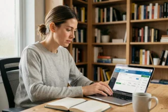 Femme consultant sa demande de logement social sur le site AL in.fr depuis son bureau à domicile