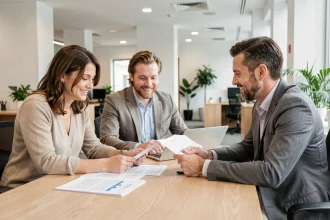 Couple discutant de leur taux immobilier CASDEN avec un conseiller bancaire en agence