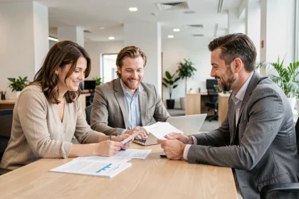Couple discutant de leur taux immobilier CASDEN avec un conseiller bancaire en agence