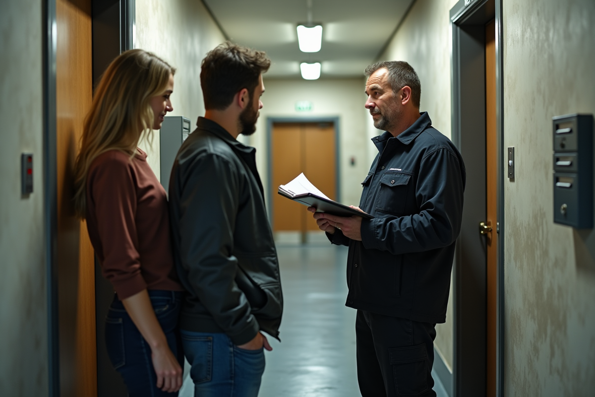 Technicien électrique discutant avec un couple dans un hall d