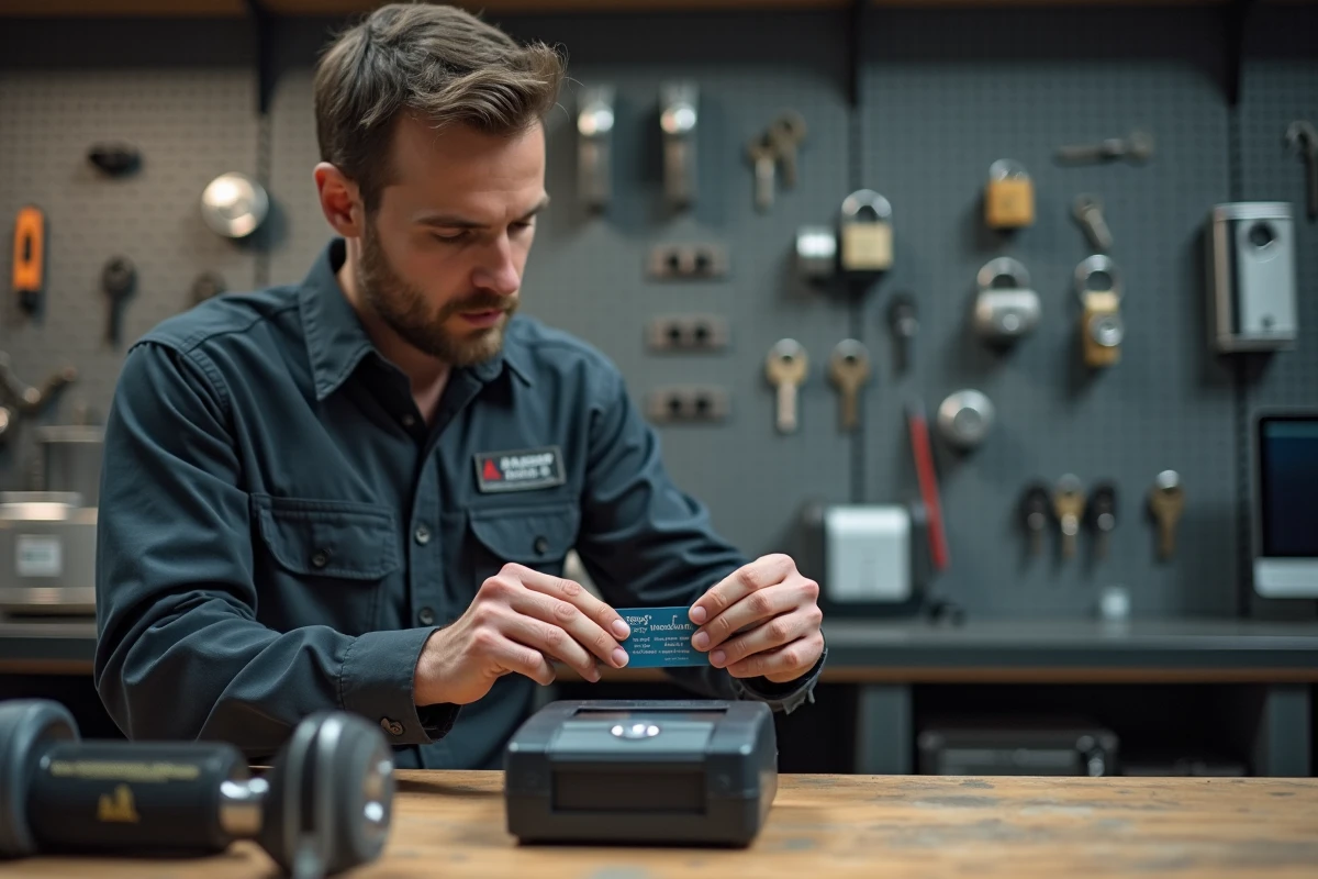 Technicien en sécurité utilisant un duplicateur de badge sur un établi d'atelier, entouré d'équipements de contrôle d'accès et de matériel de serrurerie professionnelle
