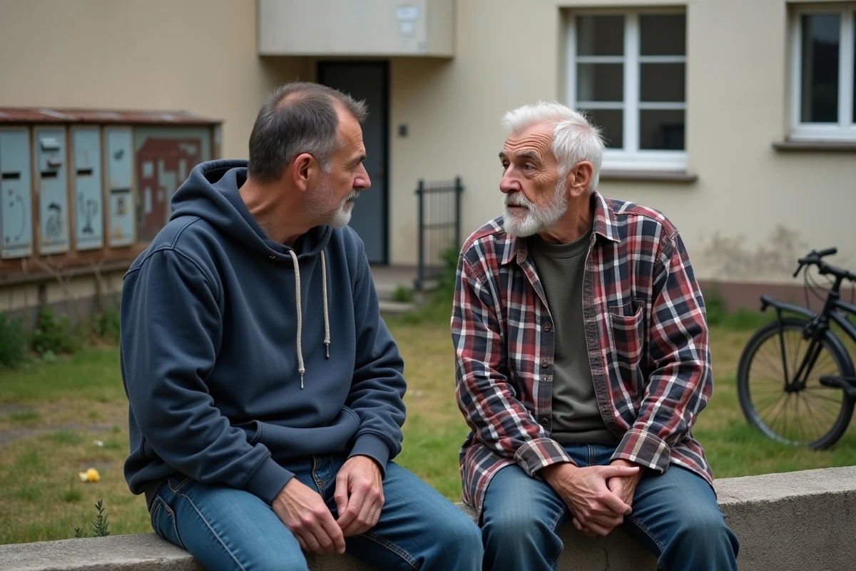 Deux habitants d'un quartier difficile de La Roche-sur-Yon discutant devant leur résidence HLM