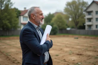 Promoteur immobilier debout sur un terrain vide en zone résidentielle, étudiant un projet de construction avec des plans architecturaux sous le bras