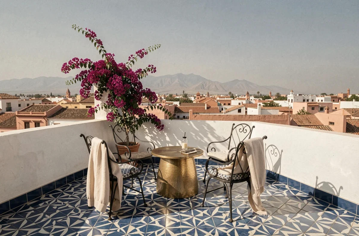 Terrasse sur le toit d'un appartement à vendre à Marrakech dans une résidence avec services, vue panoramique sur la ville et l'Atlas