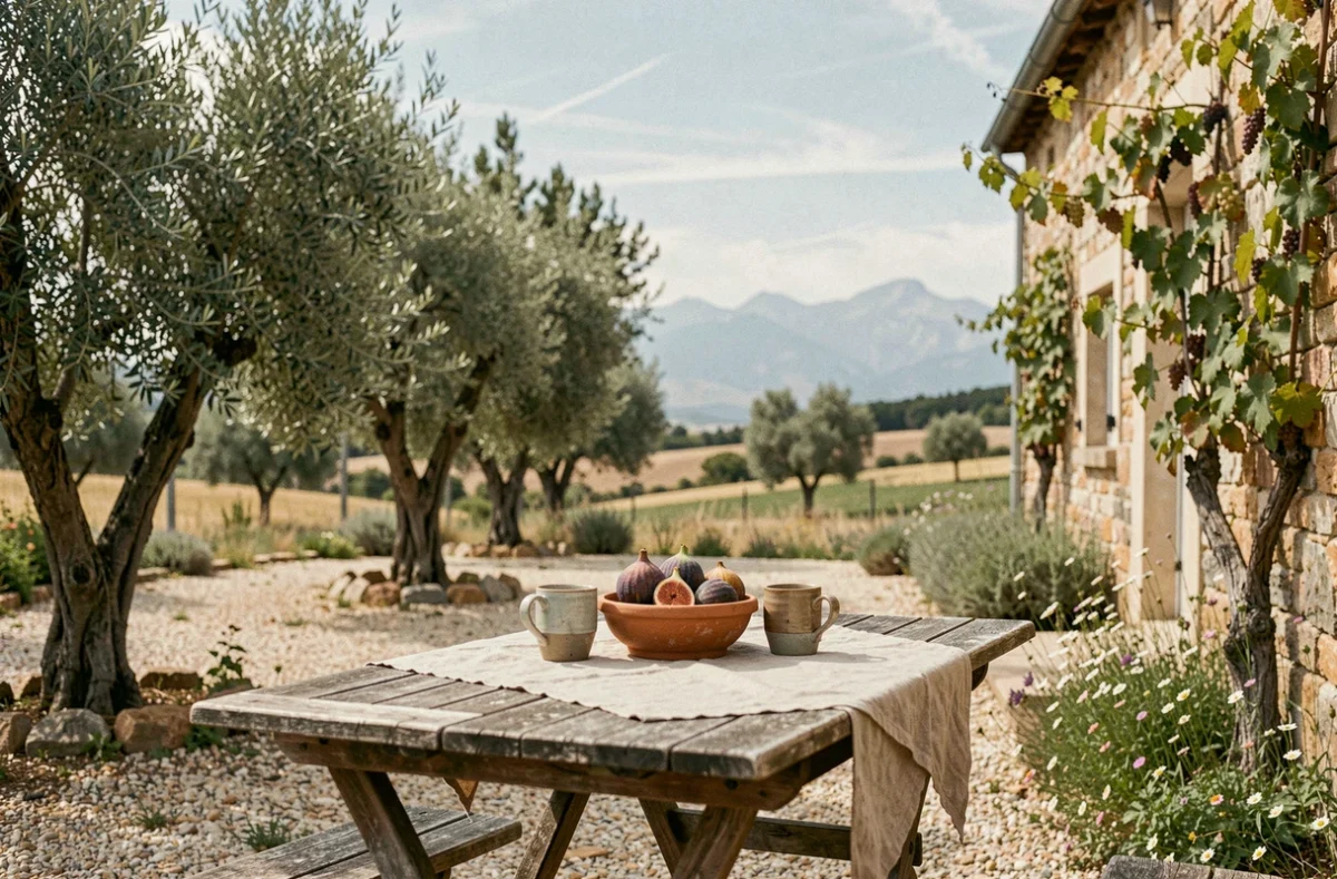 Terrasse de jardin d'une location calme en Pyrénées-Orientales avec table en bois, oliviers et vue sur les montagnes