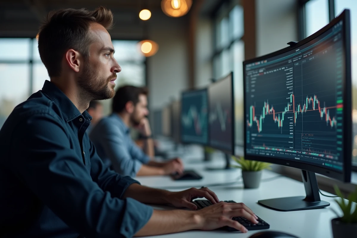 Homme débutant en prop trading configurant son espace de travail avec deux moniteurs affichant un tableau de bord de trading dans un espace de coworking moderne