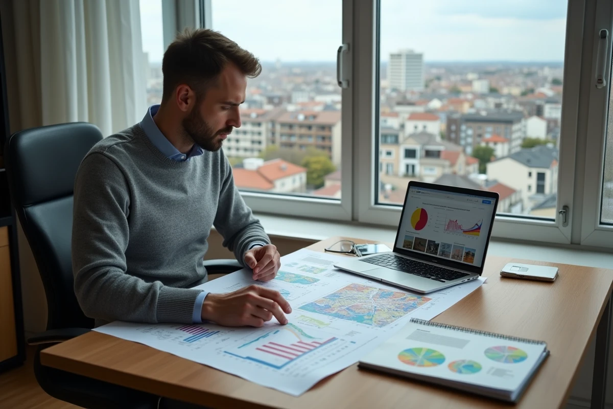 Urbaniste analysant des cartes de zones tendues immobilières dans un bureau avec vue sur la ville