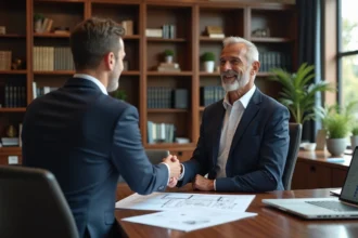 Conseiller immobilier de prestige et client signant un accord dans une agence haut de gamme