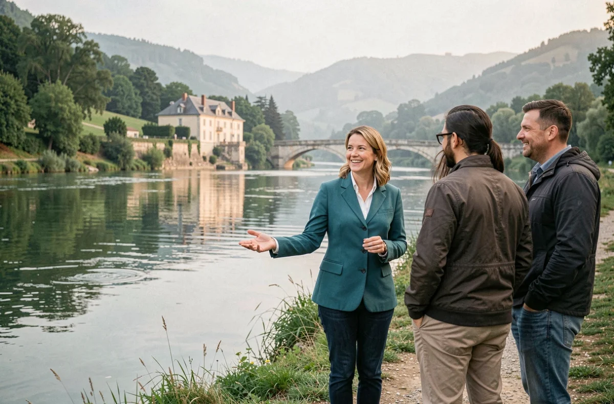 Agente Vézère Immo sur les rives de la Vézère en Corrèze présentant une propriété visible en arrière-plan au bord de l'eau
