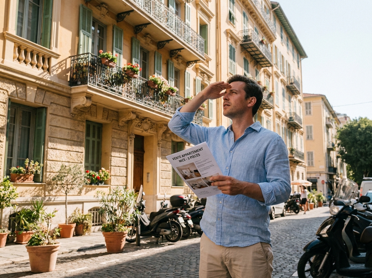 Jeune homme devant un immeuble haussmannien à Nice lors d'une visite immobilière