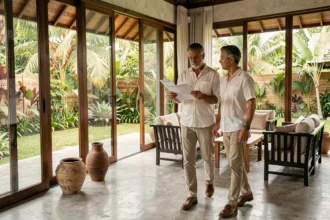 Couple visitant une villa de luxe à Koh Samui avec une check-list lors d'une visite immobilière