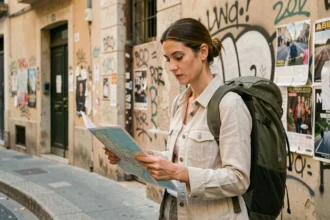 Voyageuse consultant une carte dans un quartier populaire de Marseille, conseils de sécurité pour visiteurs