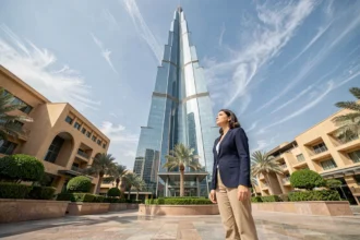 Vue extérieure de la tour Almas à JLT Dubai depuis le niveau de la rue avec une femme professionnelle admirant la façade vitrée