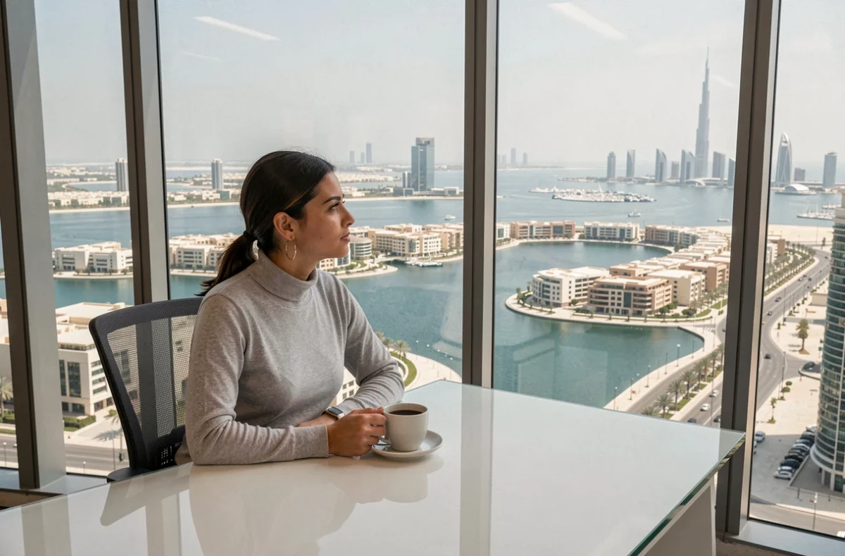 Vue panoramique sur les lacs et la marina de Dubai depuis un bureau en hauteur dans la tour Almas JLT